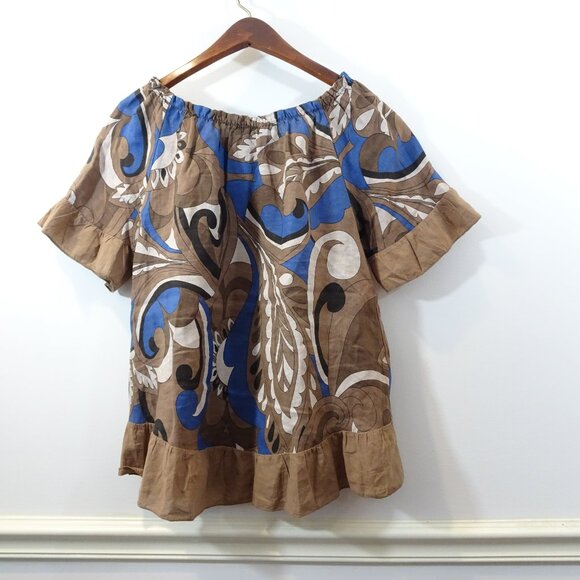 Terzo Millennio 100% Linen Graphic Print Top Size S Brown Blue Boxy Lagenlook - Picture 7 of 7
